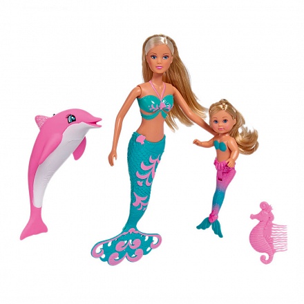 Куклы Штеффи и Еви - русалочки с дельфином, 29 и 12 см. 